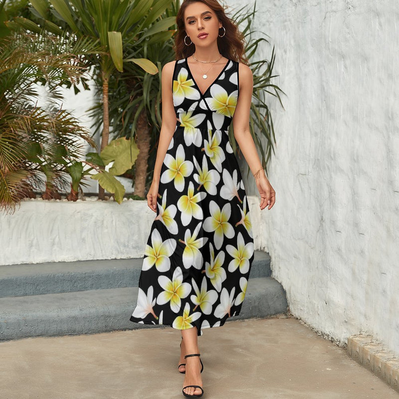 Yellow Plumeria Hawaiian Flowers Sleeveless Long Dress