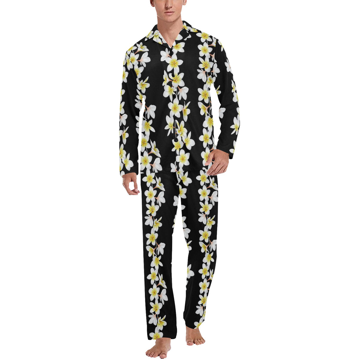 White Plumeria Pattern Print Design PM08 Men's Long Sleeve Pajama Set