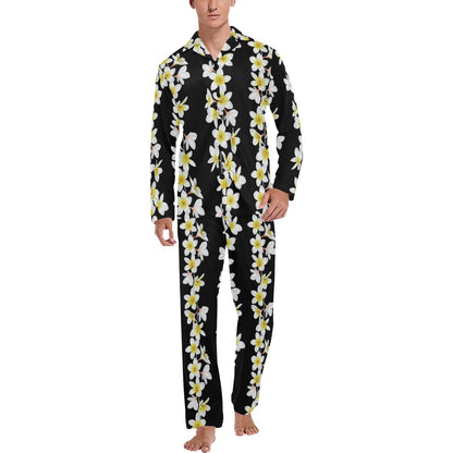 White Plumeria Pattern Print Design PM08 Men's Long Sleeve Pajama Set