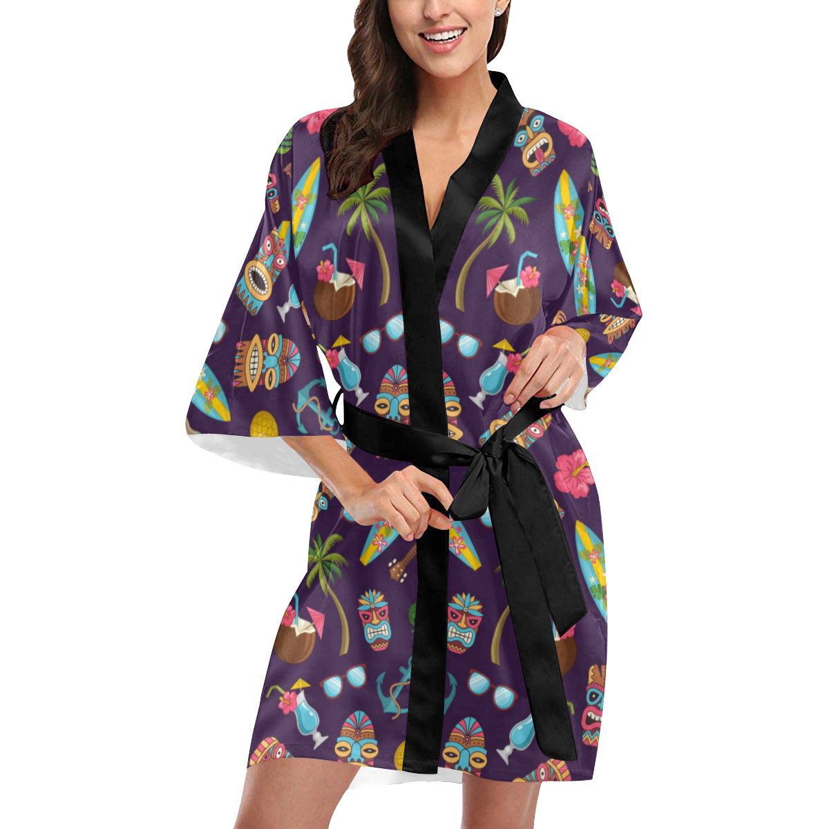 Hawaiian Themed Pattern Print Design H024 Women's Short Kimono