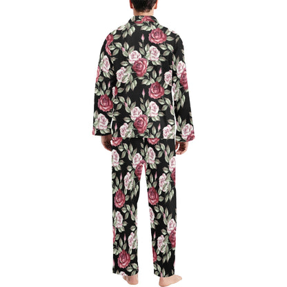 Rose Red Pink Pattern Print Design RO03 Men's Long Sleeve Pajama Set