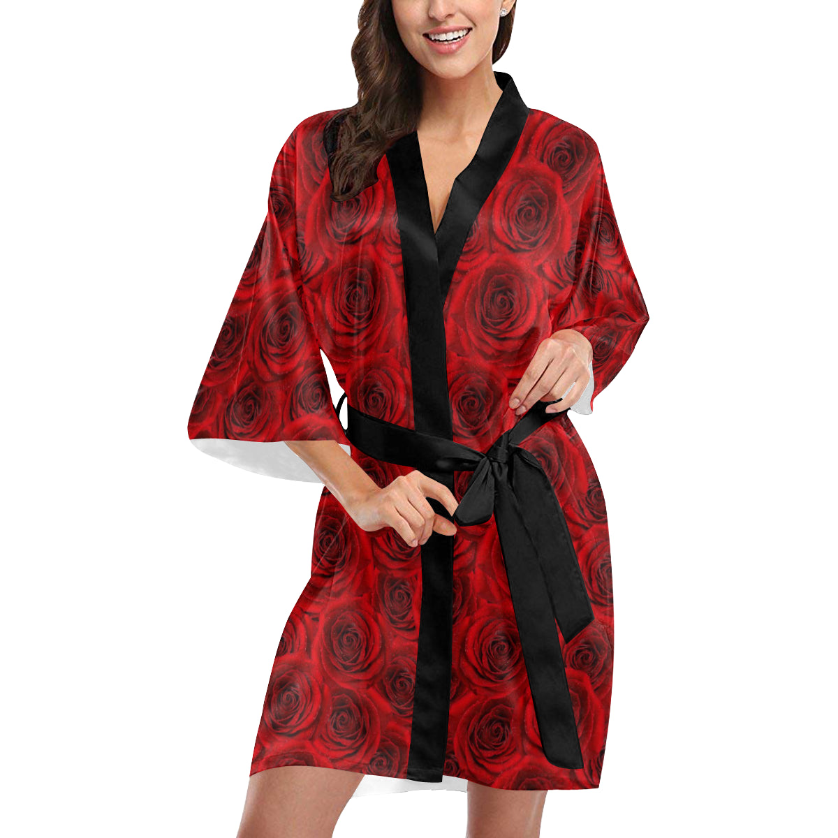Rose Red Pattern Print Design RO04 Women's Short Kimono