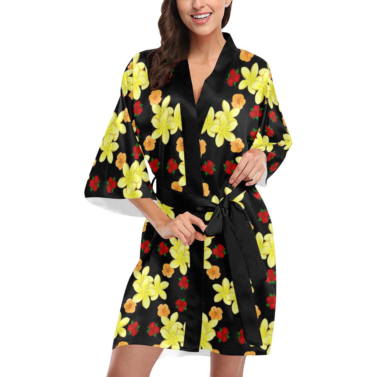 Yellow Plumeria Pattern Print Design PM04 Women's Short Kimono