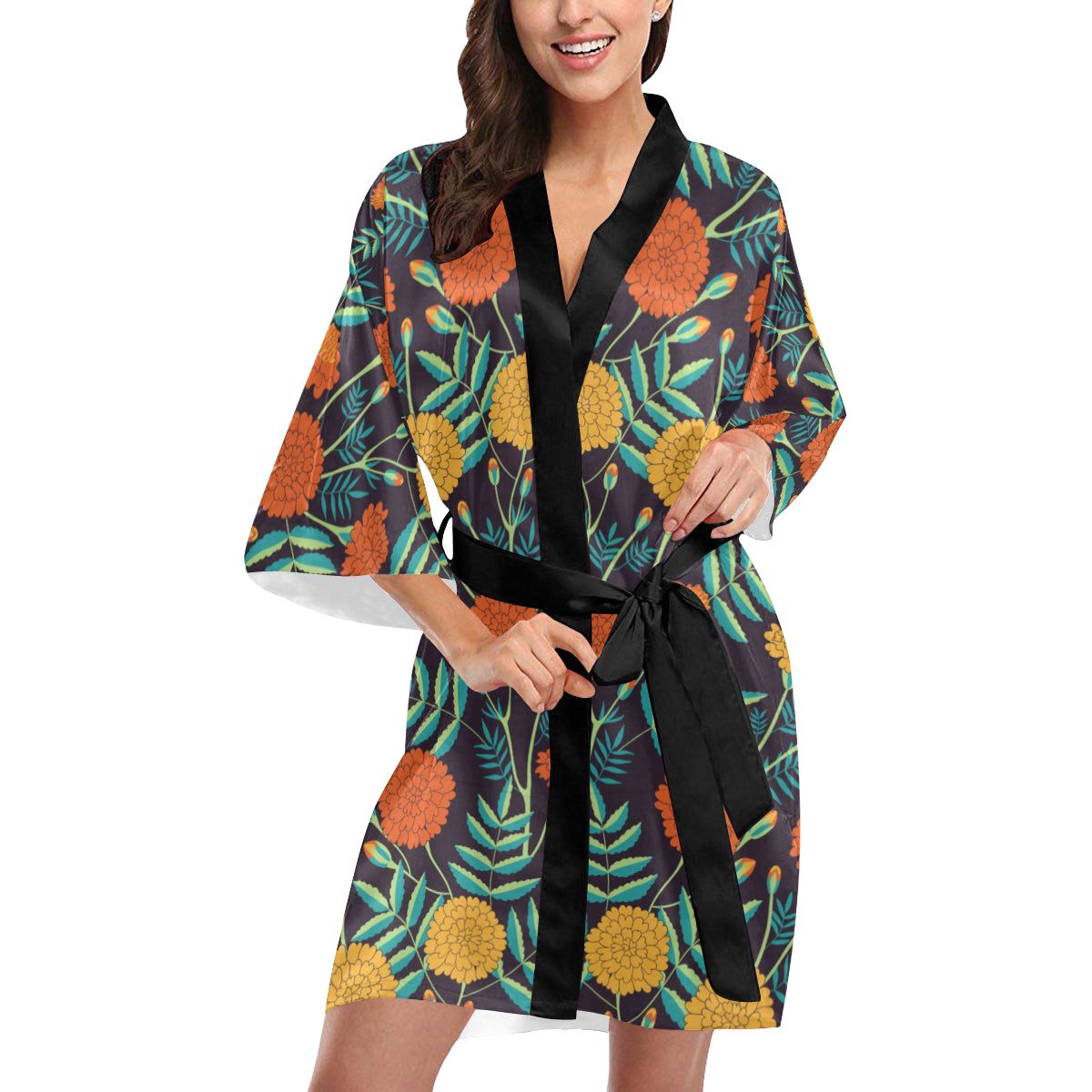 Marigold Pattern Print Design MR01 Women's Short Kimono