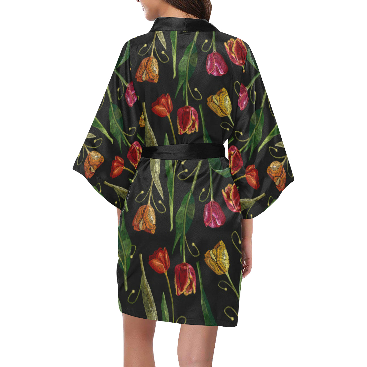 Tulip Embroidered Pattern Print Design TP01 Women's Short Kimono