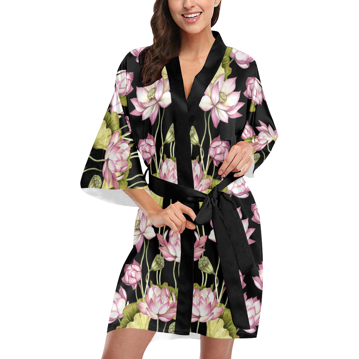 Water Lily Pattern Print Design WL06 Women's Short Kimono