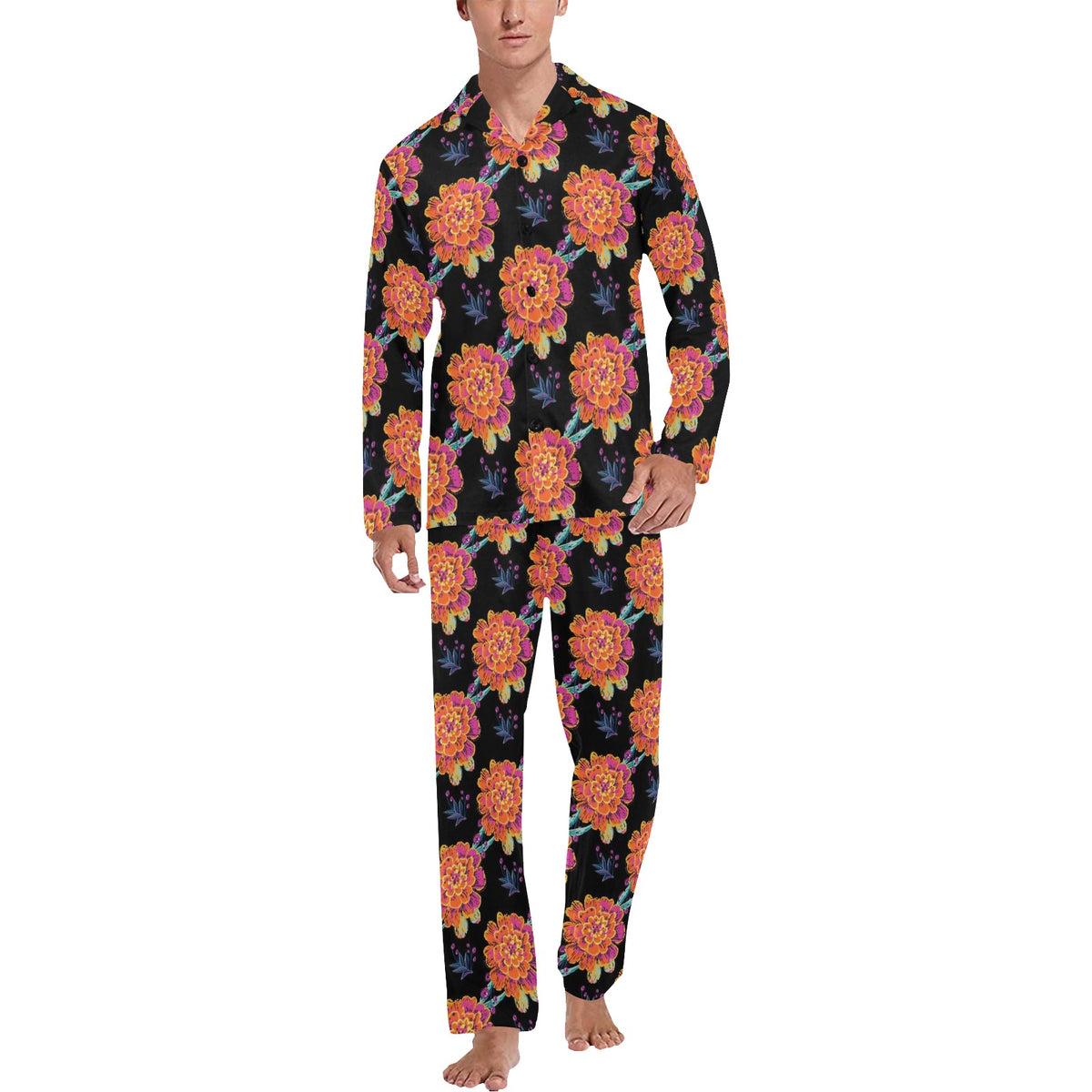 Marigold Pattern Print Design MR04 Men's Long Sleeve Pajama Set