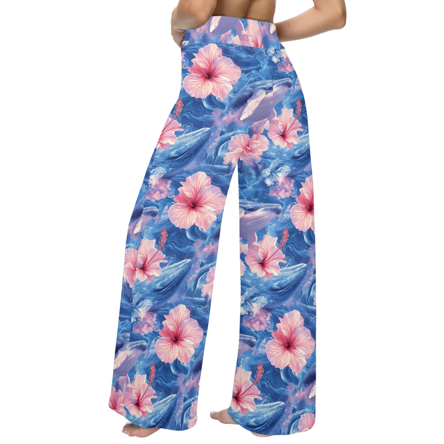 Tropical Whale and Hibiscus Flowers Seamless Pattern Women's Wide Leg Lounge Pants