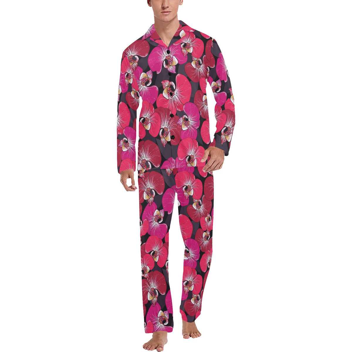 Orchid Red Pattern Print Design OR05 Men's Long Sleeve Pajama Set