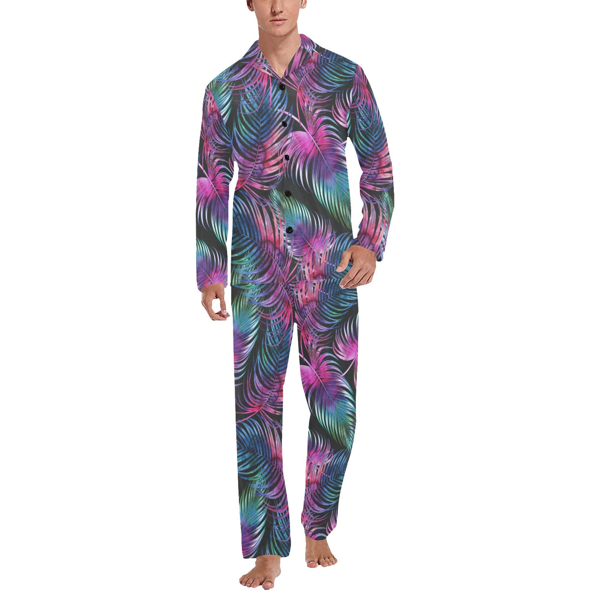 Palm Leaves Pattern Print Design PL010 Men's Long Sleeve Pajama Set