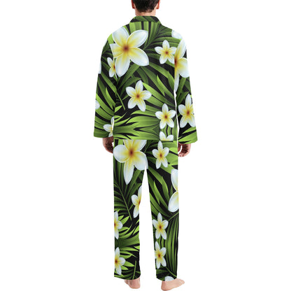 White Plumeria Pattern Print Design PM06 Men's Long Sleeve Pajama Set