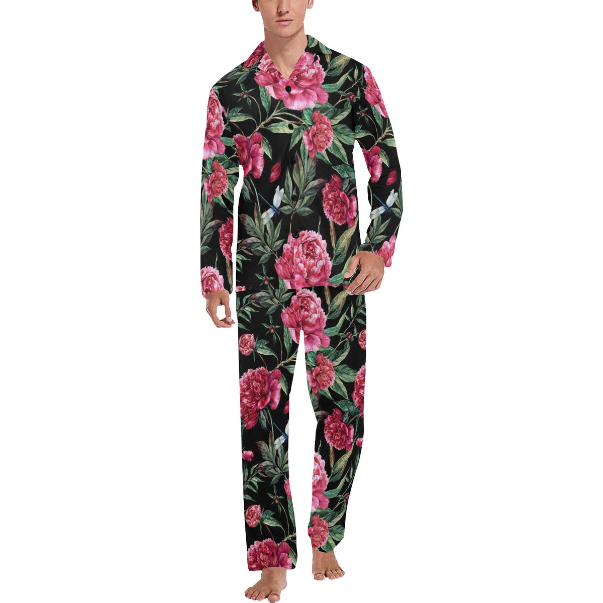 Peony Pattern Print Design PE04 Men's Long Sleeve Pajama Set