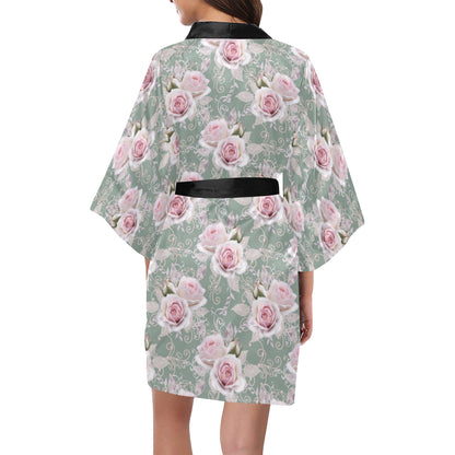Rose White Pattern Print Design RO012 Women's Short Kimono
