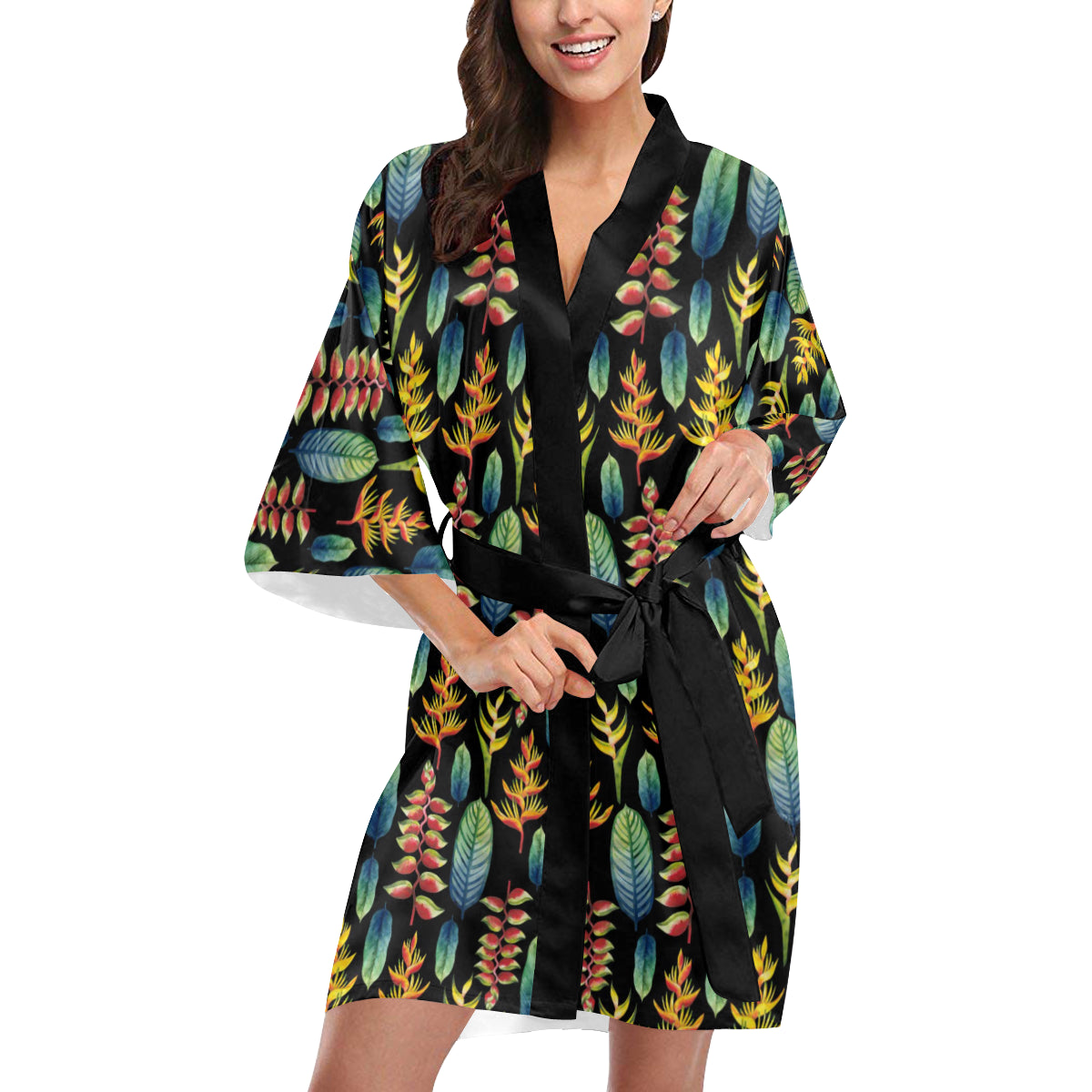 Heliconia Pattern Print Design HL03 Women's Short Kimono
