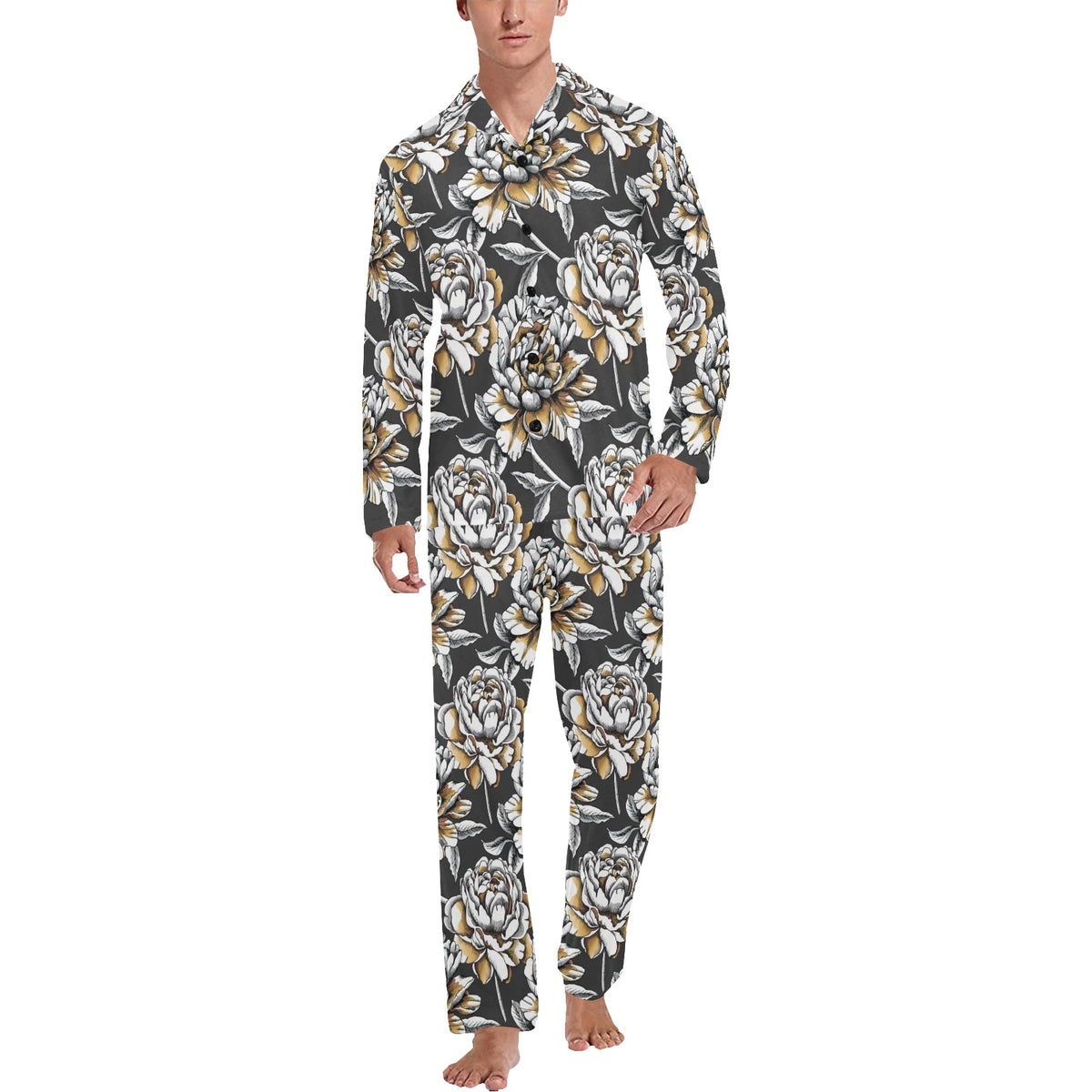 Peony Pattern Print Design PE06 Men's Long Sleeve Pajama Set