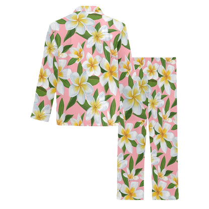 White Plumeria Pattern Print Design PM011 Men's Long Sleeve Pajama Set