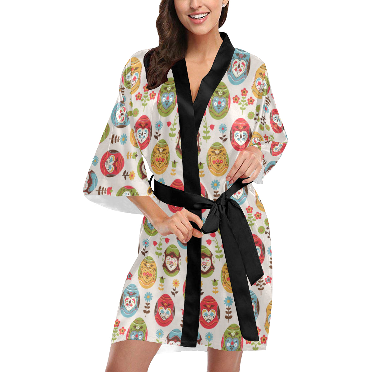 Easter Eggs Pattern Print Design RB011 Women's Short Kimono