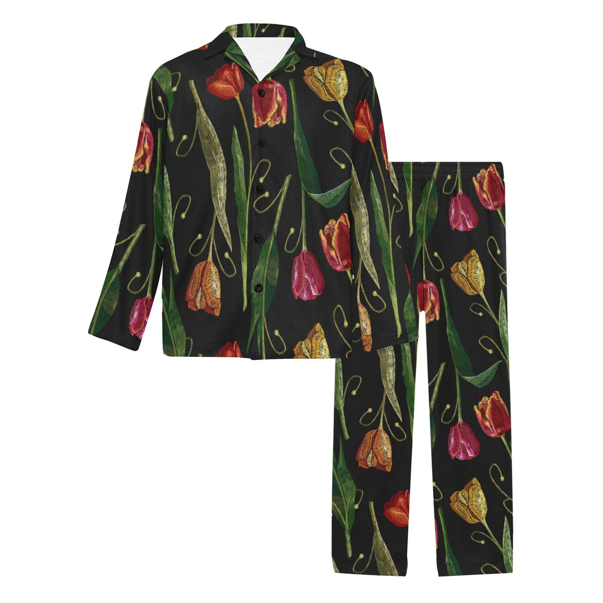 Tulip Embroidered Pattern Print Design TP01 Men's Long Sleeve Pajama Set