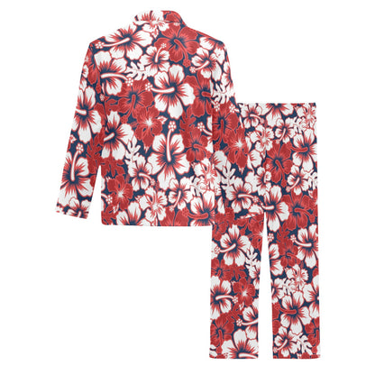 Red Hibiscus Pattern Print Design HB01 Men's Long Sleeve Pajama Set