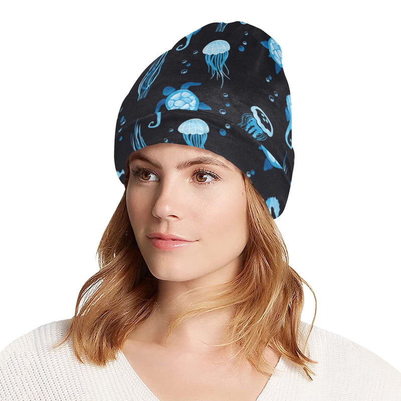 Sea Turtle Jelly Fish Sea Horse Print Design LKS3014 Unisex Beanie