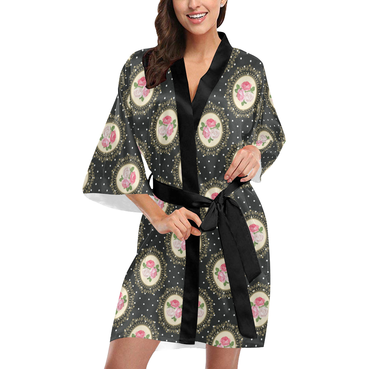 Rose Pattern Print Design RO015 Women's Short Kimono