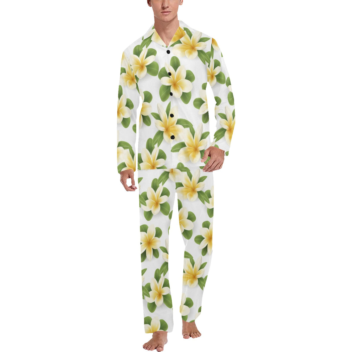 Yellow Plumeria Pattern Print Design PM012 Men's Long Sleeve Pajama Set