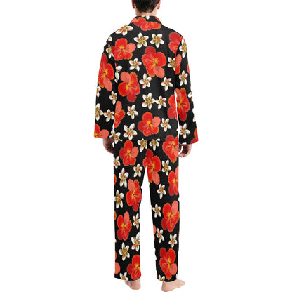 Red Hibiscus Pattern Print Design HB022 Men's Long Sleeve Pajama Set