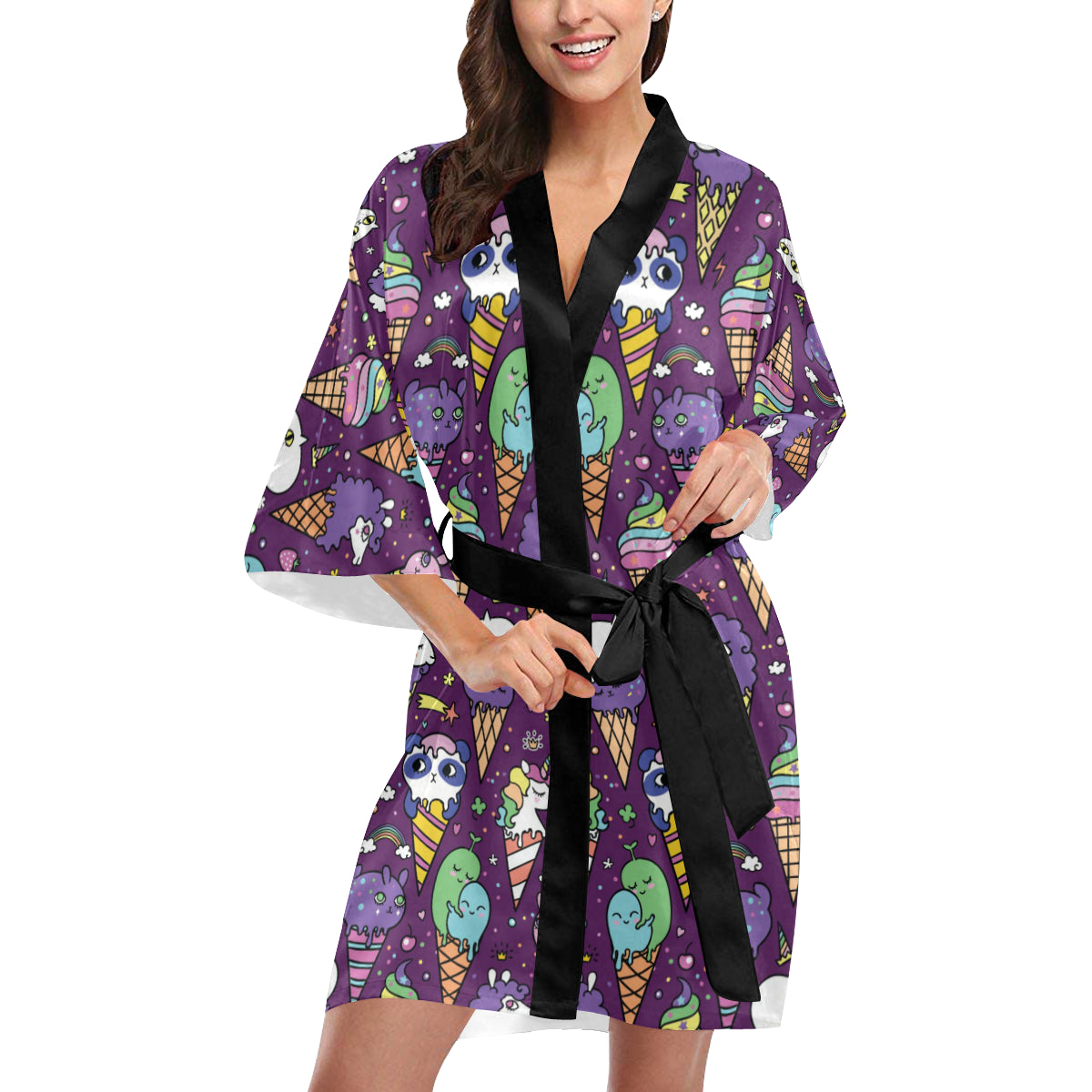 Ice Cream Pattern Print Design IC07 Women's Short Kimono