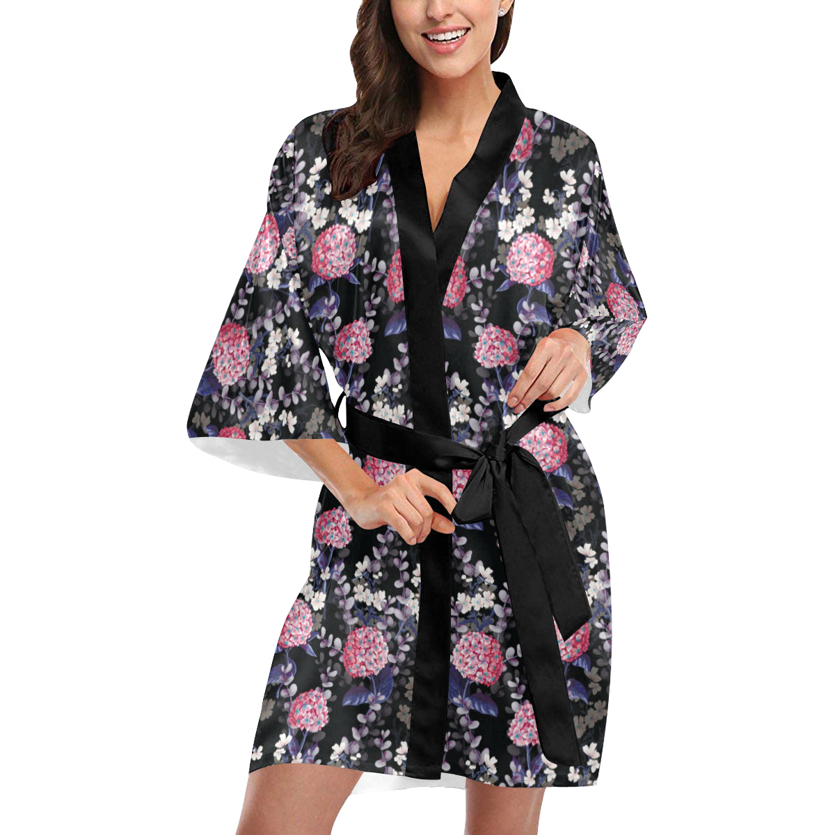 Hydrangea Pattern Print Design HD04 Women's Short Kimono