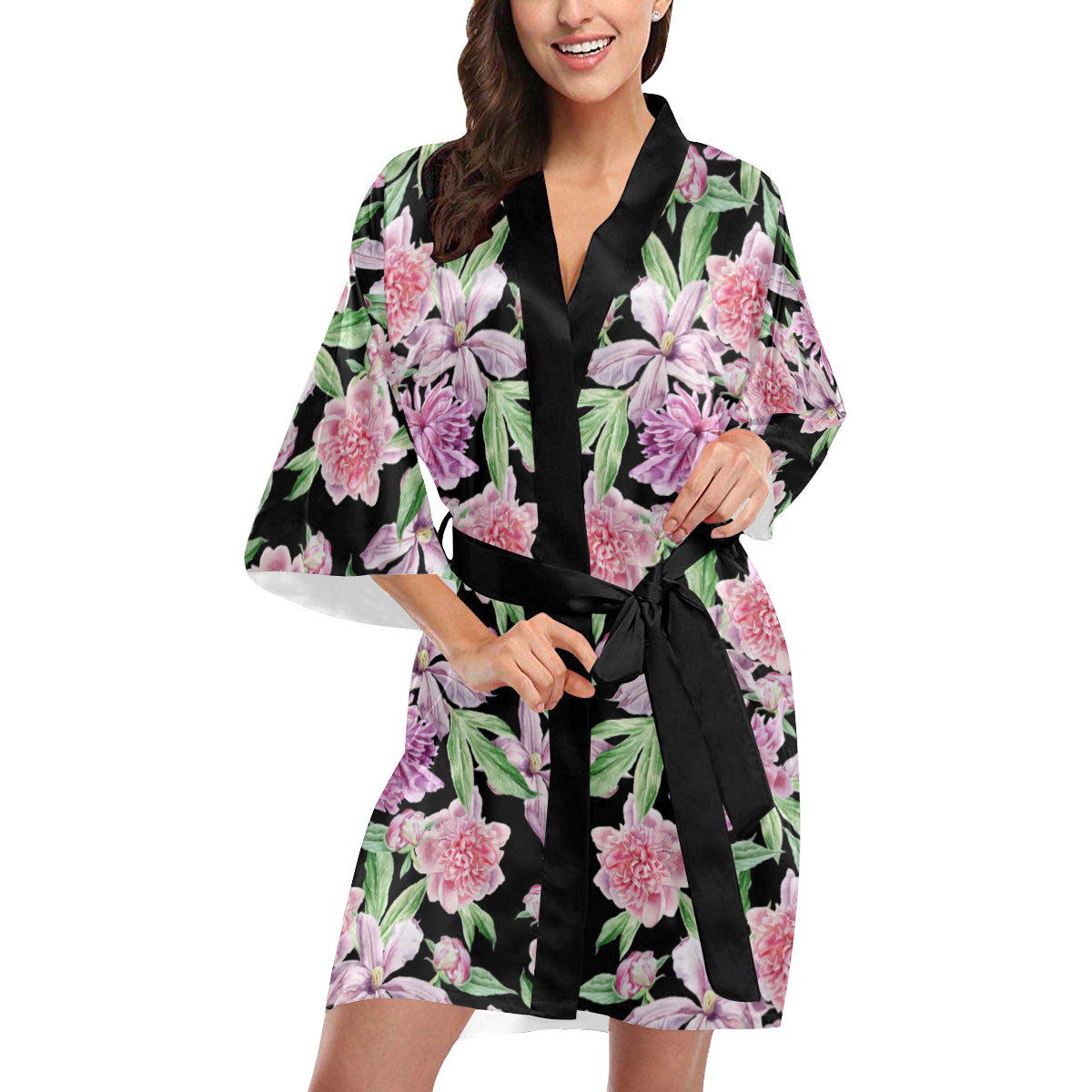 Peony Pattern Print Design PE08 Women's Short Kimono
