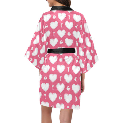 Heart Key Pattern Print Design HE09 Women's Short Kimono