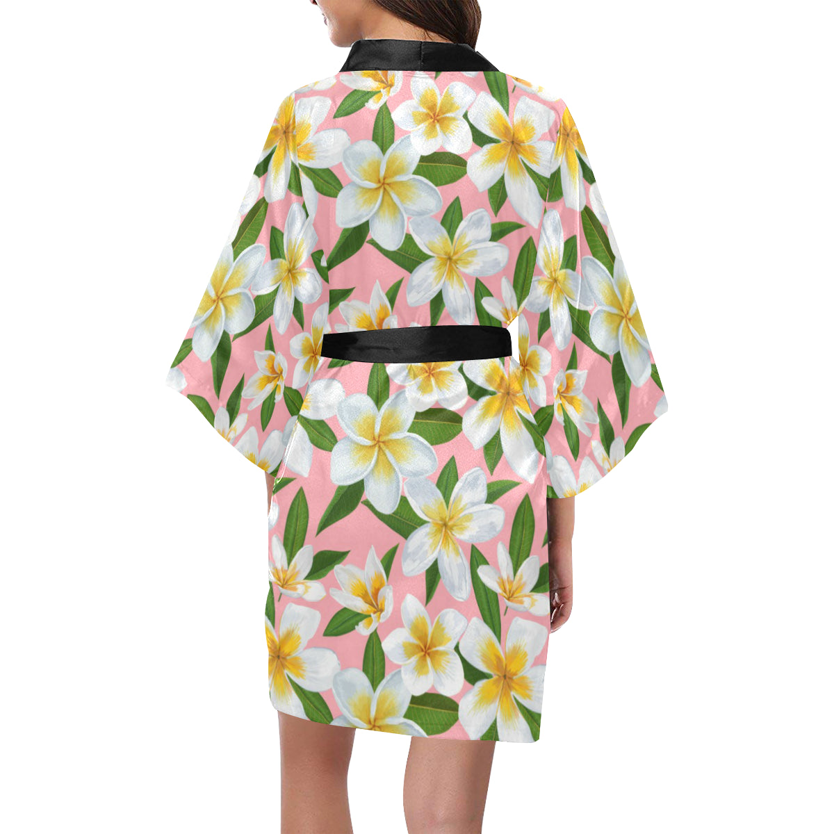 White Plumeria Pattern Print Design PM011 Women's Short Kimono