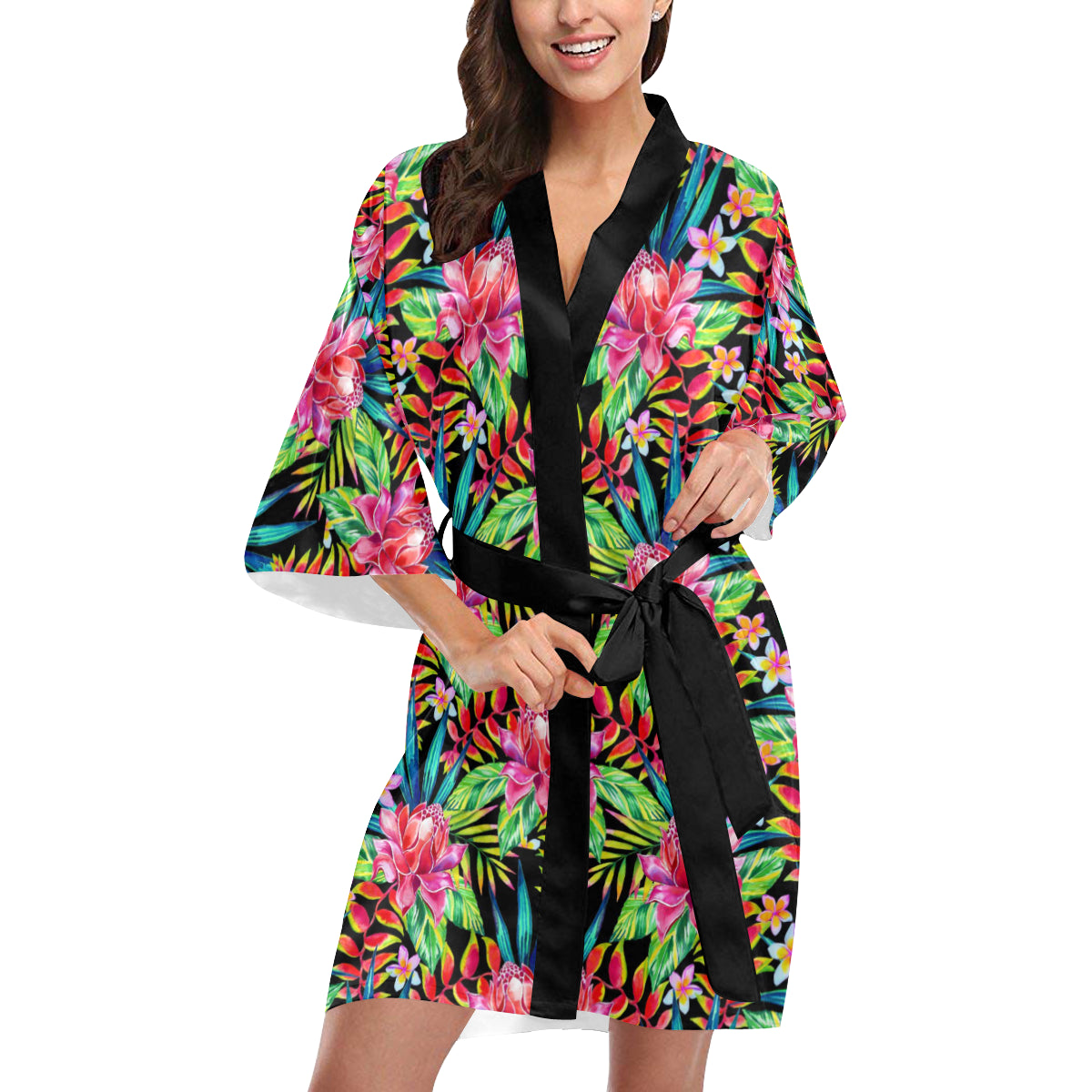 Heliconia Pattern Print Design HL02 Women's Short Kimono