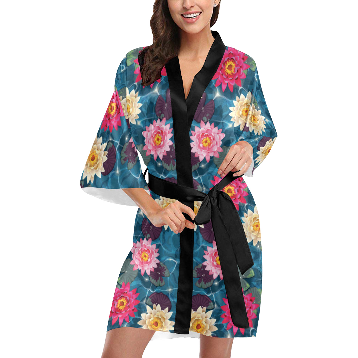 Water Lily Pattern Print Design WL05 Women's Short Kimono