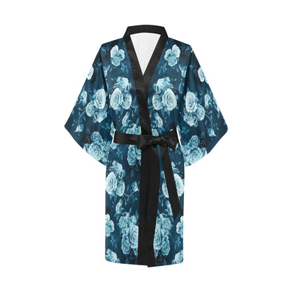 Rose Blue Pattern Print Design RO014 Women's Short Kimono