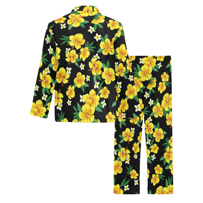 Yellow Hibiscus Pattern Print Design HB08 Men's Long Sleeve Pajama Set