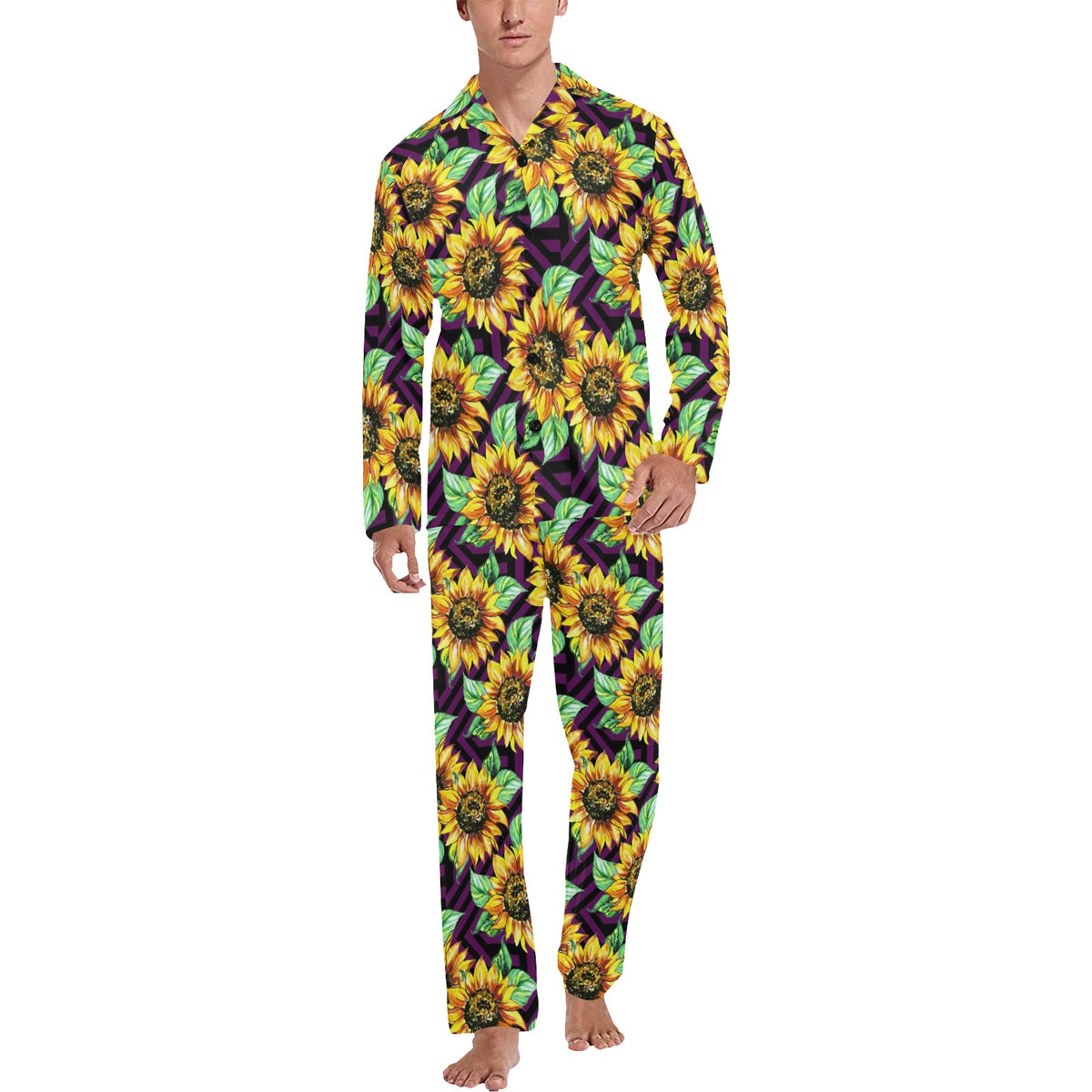 Sunflower Pattern Print Design SF012 Men's Long Sleeve Pajama Set