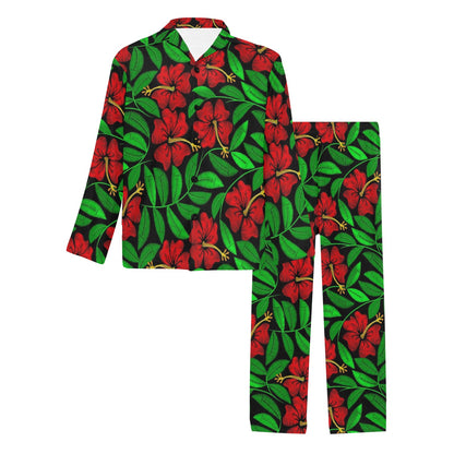 Red Hibiscus Embroidered Pattern Print Design HB032 Men's Long Sleeve Pajama Set