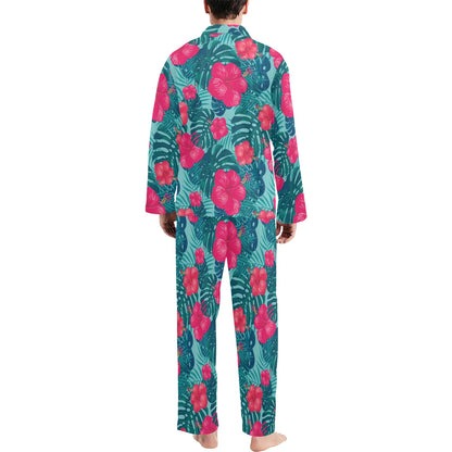 Red Hibiscus Pattern Print Design HB017 Men's Long Sleeve Pajama Set