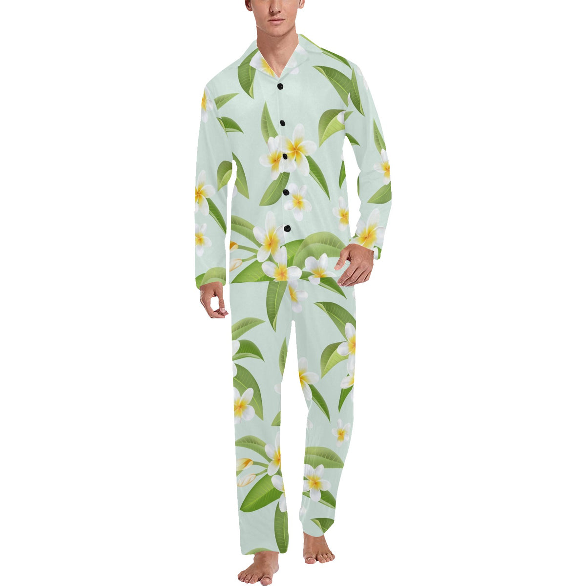 Yellow Plumeria Pattern Print Design PM024 Men's Long Sleeve Pajama Set