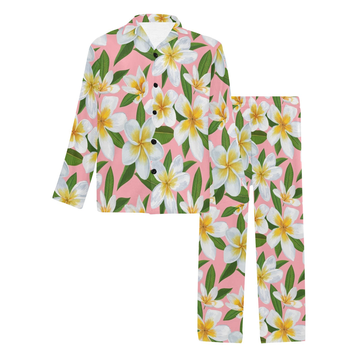 White Plumeria Pattern Print Design PM011 Men's Long Sleeve Pajama Set