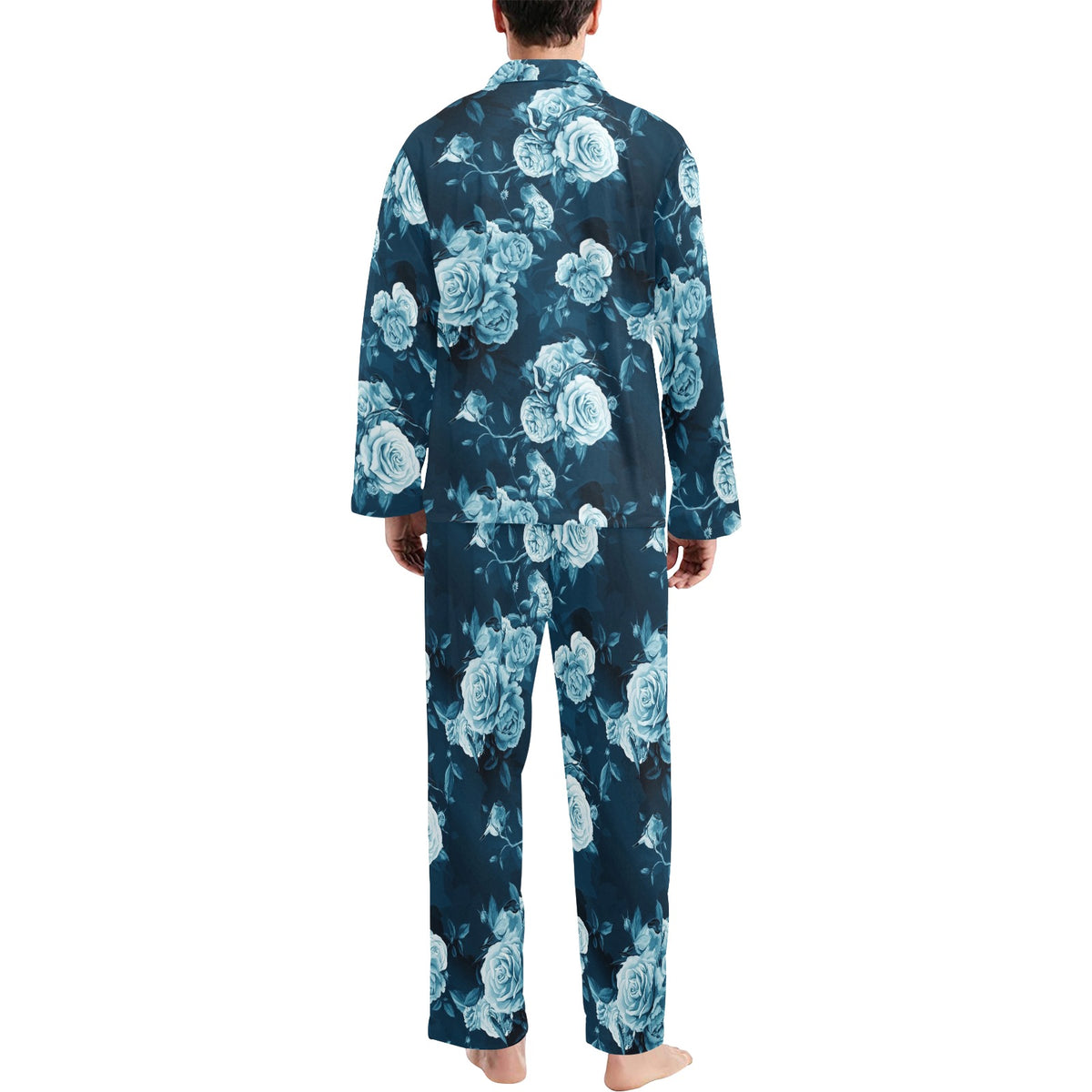 Rose Blue Pattern Print Design RO014 Men's Long Sleeve Pajama Set