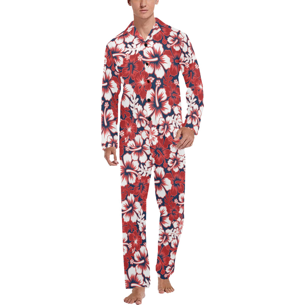 Red Hibiscus Pattern Print Design HB01 Men's Long Sleeve Pajama Set