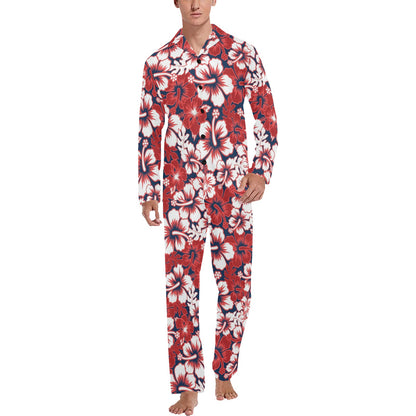 Red Hibiscus Pattern Print Design HB01 Men's Long Sleeve Pajama Set