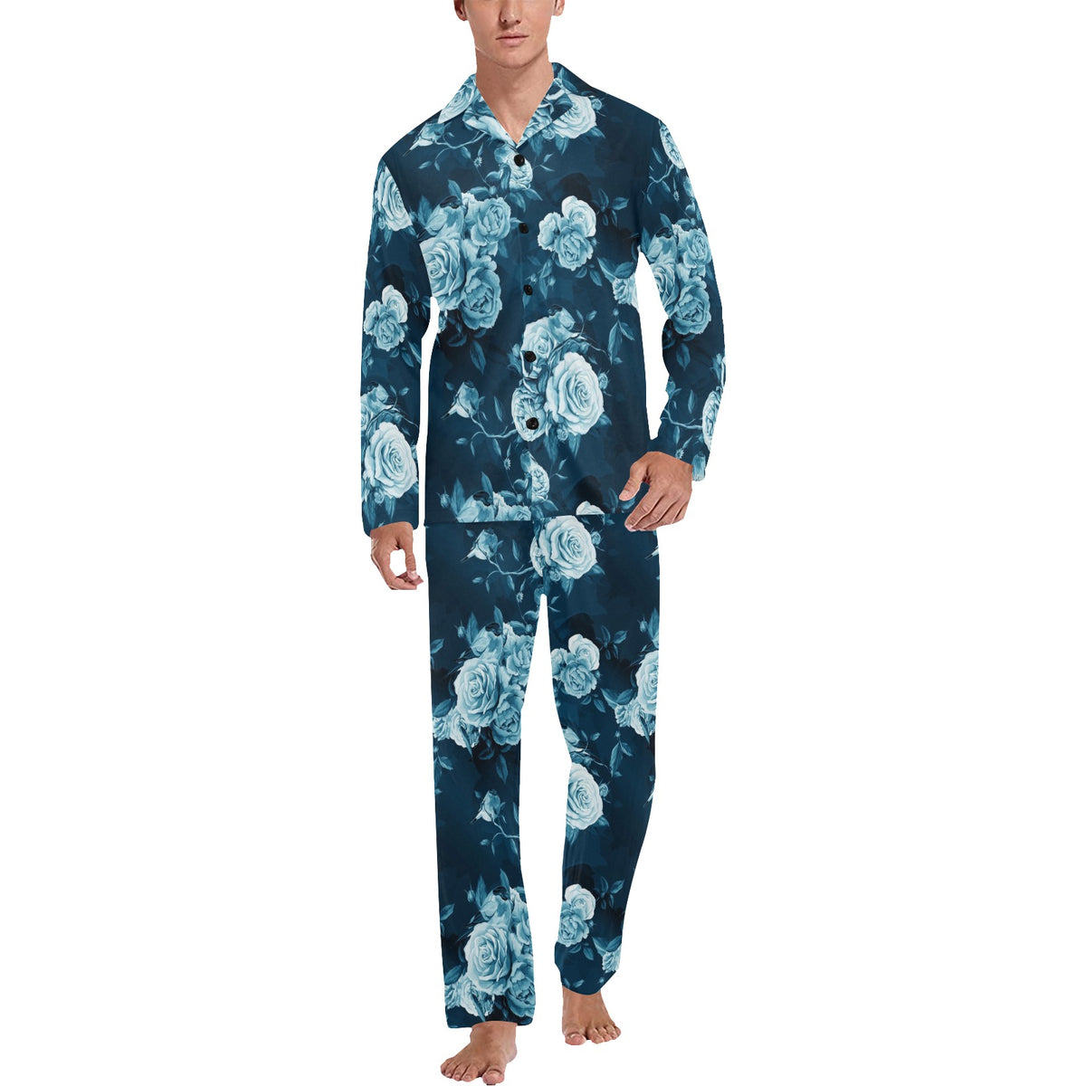 Rose Blue Pattern Print Design RO014 Men's Long Sleeve Pajama Set