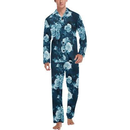 Rose Blue Pattern Print Design RO014 Men's Long Sleeve Pajama Set