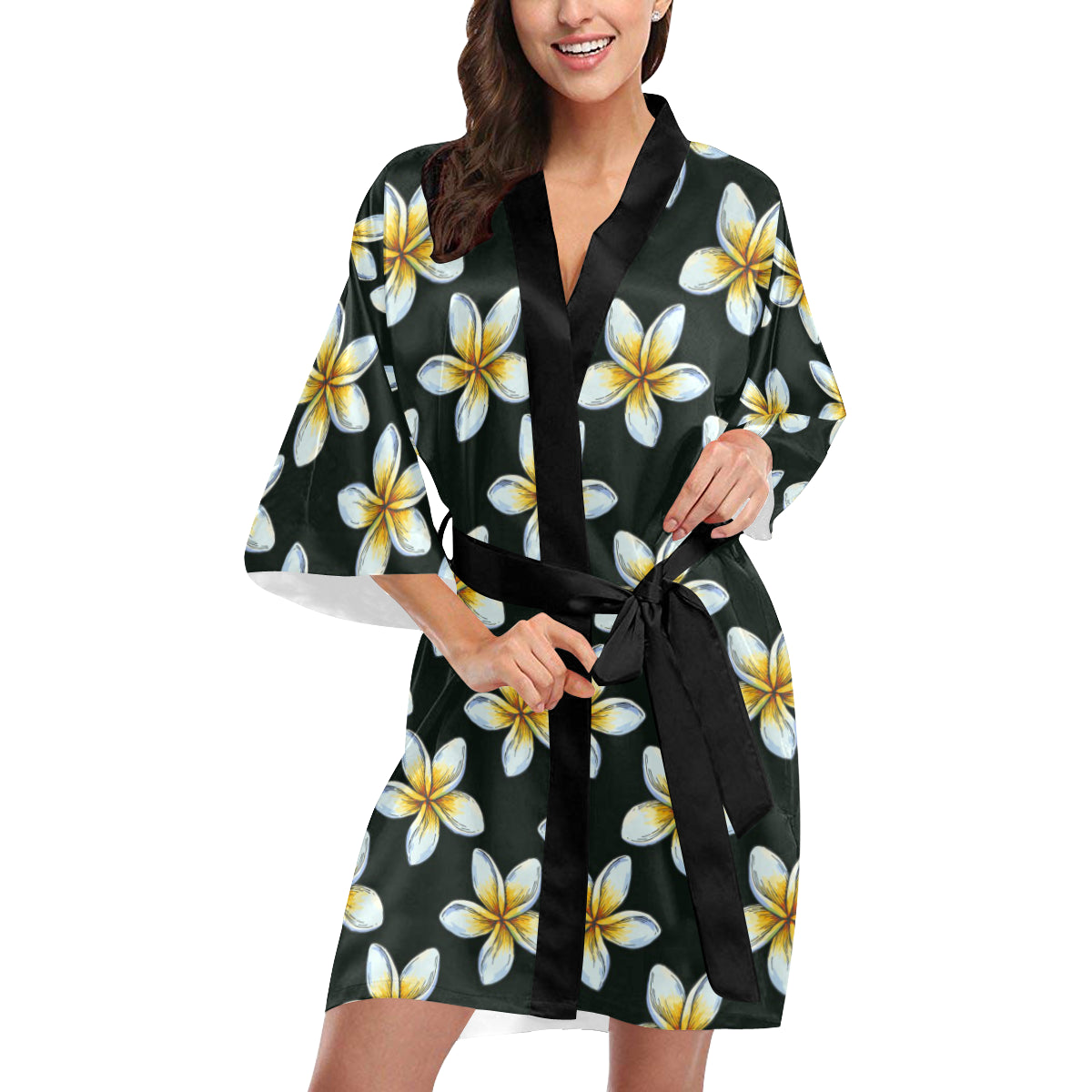White Plumeria Pattern Print Design PM022 Women's Short Kimono