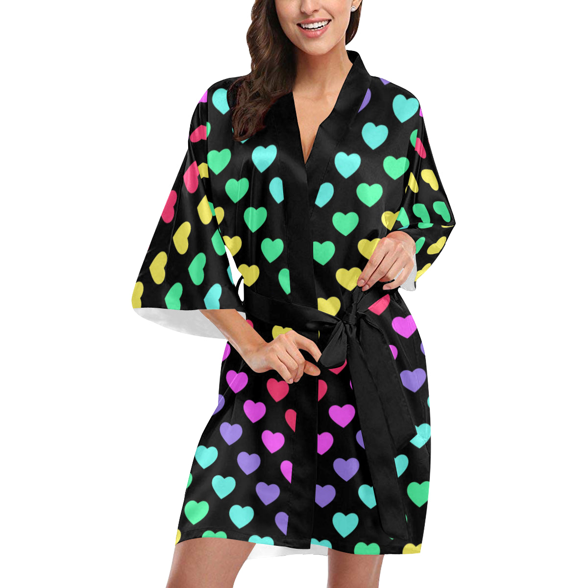 Heart Rainbow Pattern Print Design HE02 Women's Short Kimono