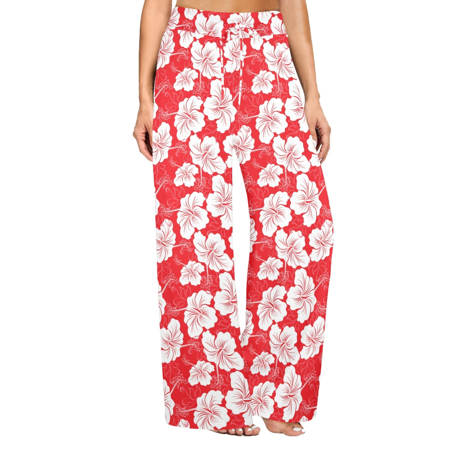 Flower Hawaiian Hibiscus Red Background Print Women's Wide Leg Lounge Pants
