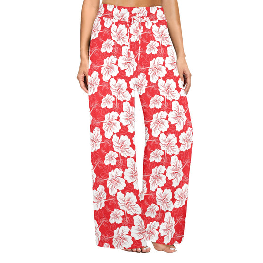 Flower Hawaiian Hibiscus Red Background Print Women's Wide Leg Lounge Pants